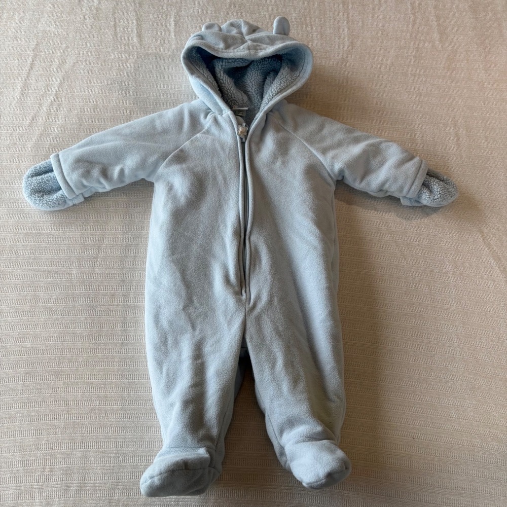 Old Navy Baby Blue Fleece Pram Bunting Sherpa Lined Hooded Bear Ears 3-6 Months
